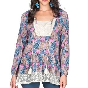 Matilda Jane Sew Perfect Floral Boho Lace Tassel Long Sleeve Top Large Blue Pink